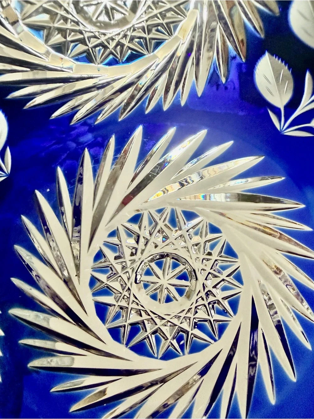 Bohemian Blue Cobalt Cut to Clear Sawtooth Crystal Bowl w/ Floral Pattern 9”